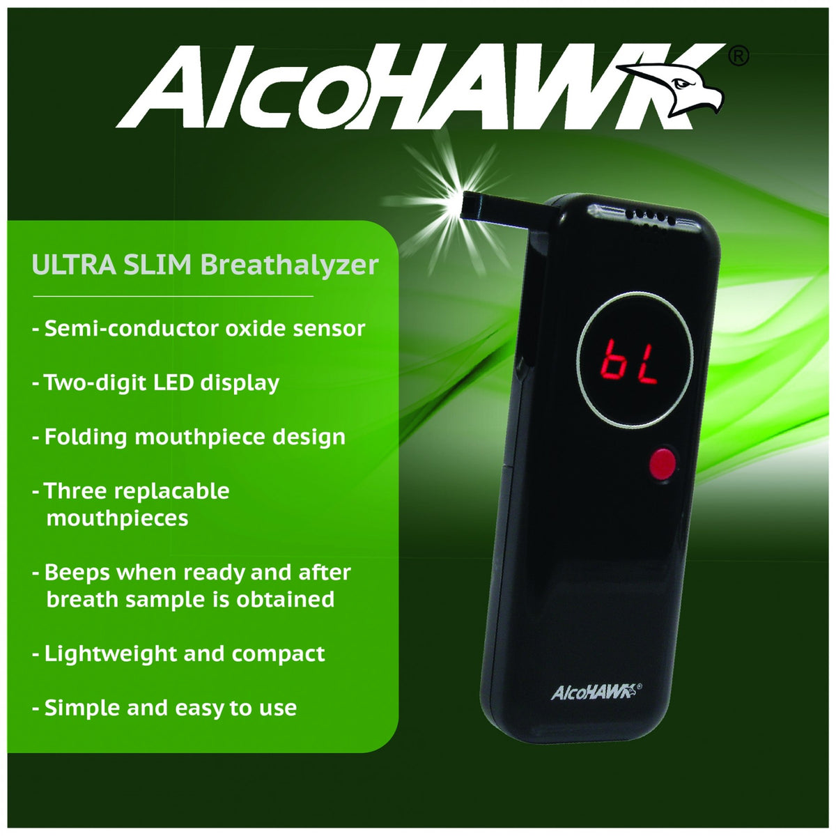 AlcoHAWK® Slim Ultra Alcohol Breathalyzer Testing Device